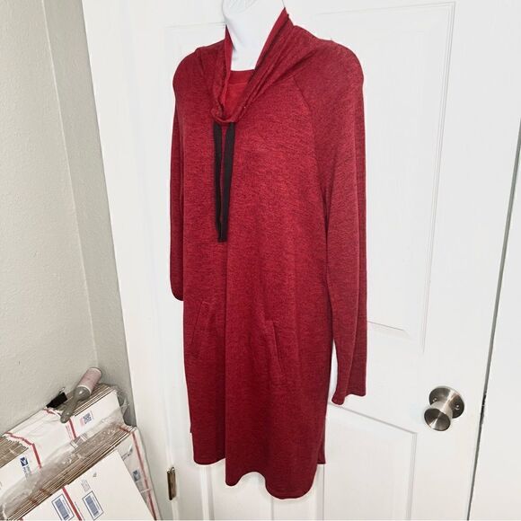 Bass Marled Drawstring Cowlneck Knit Dress Red Black M - Picture 5 of 11